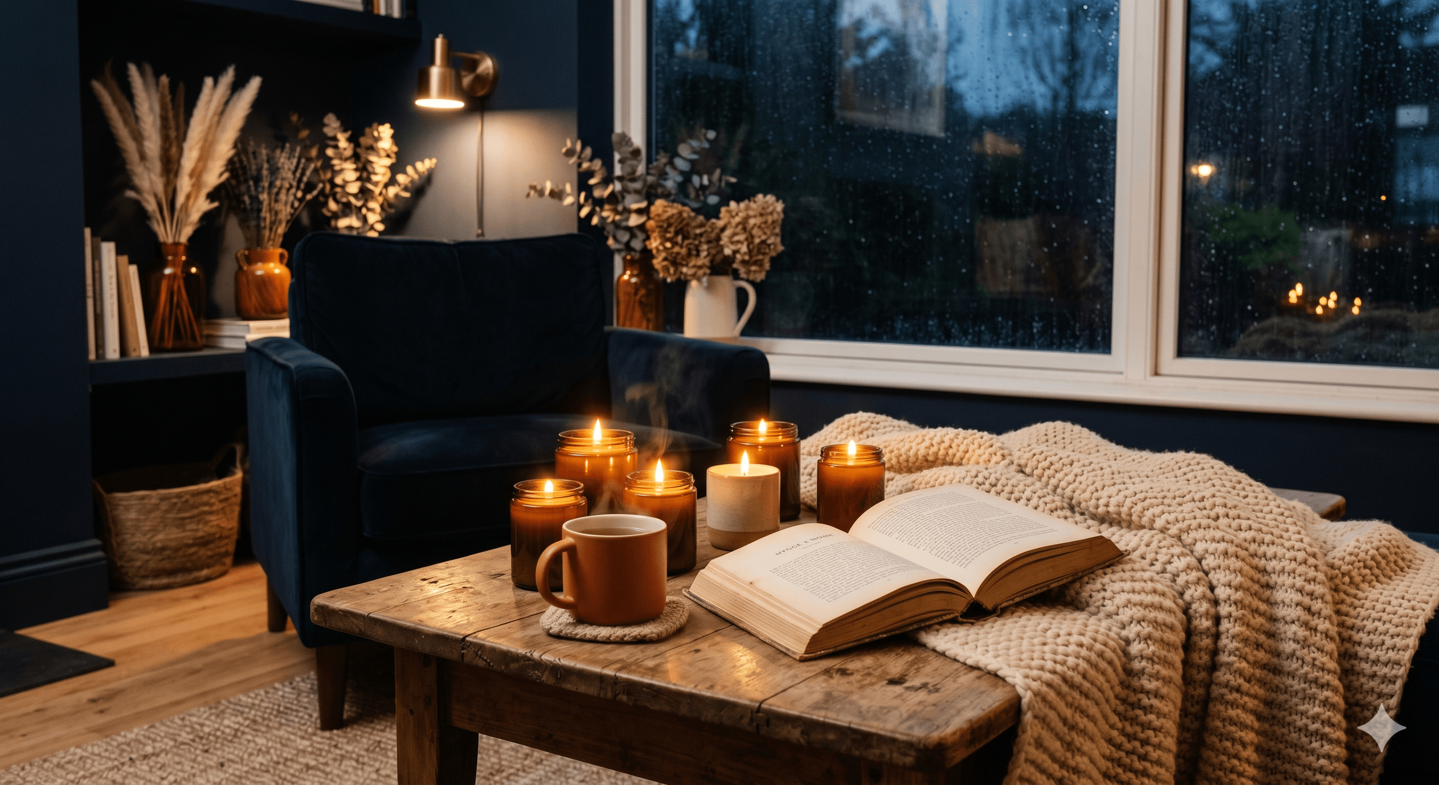 Przytulny wieczór hygge ze świecami i herbatą